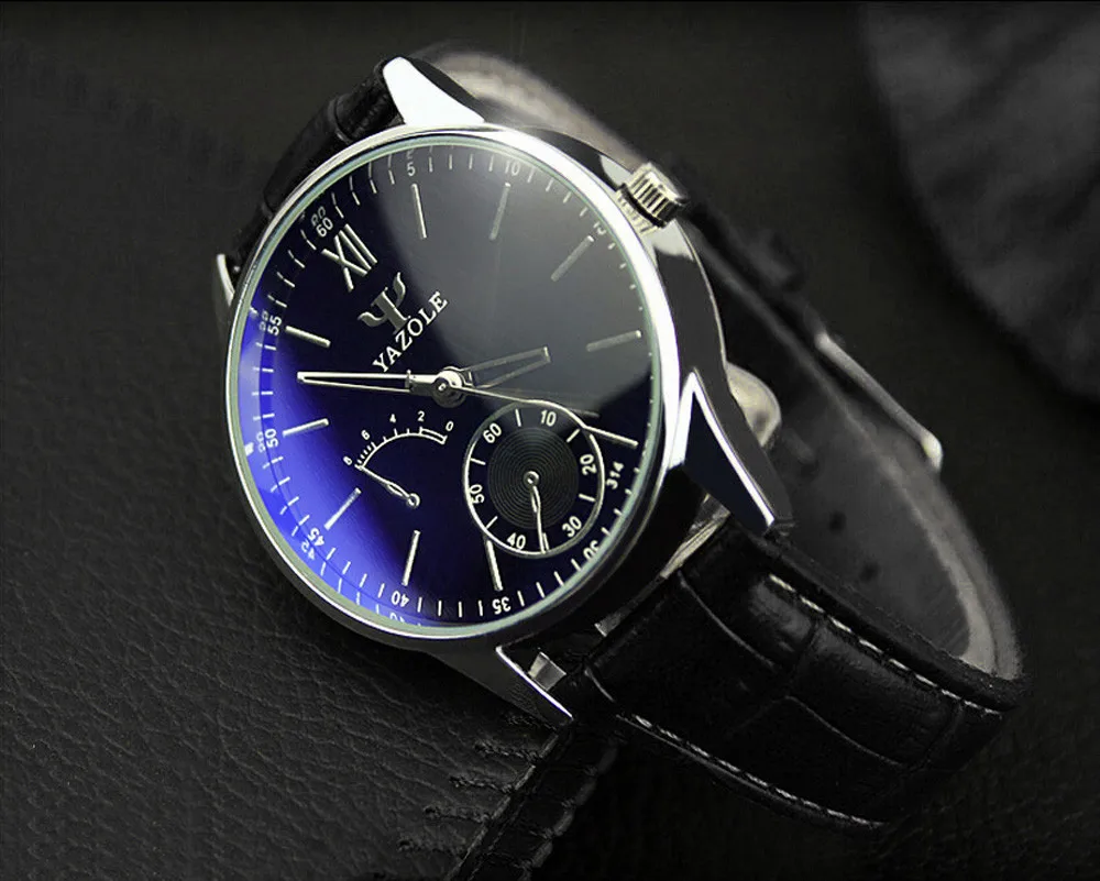Мужские часы с кожаным ремешком аналоговые кварцевые синим стеклом мужские из