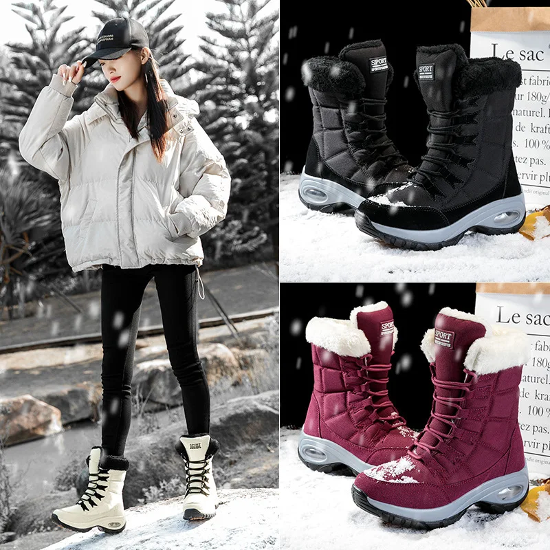 

2021 New Winter Women's Boots High-quality Warm Mid-calf Snow Boots Women's Lace-up Comfortable Padded Boots Stretch Fabric