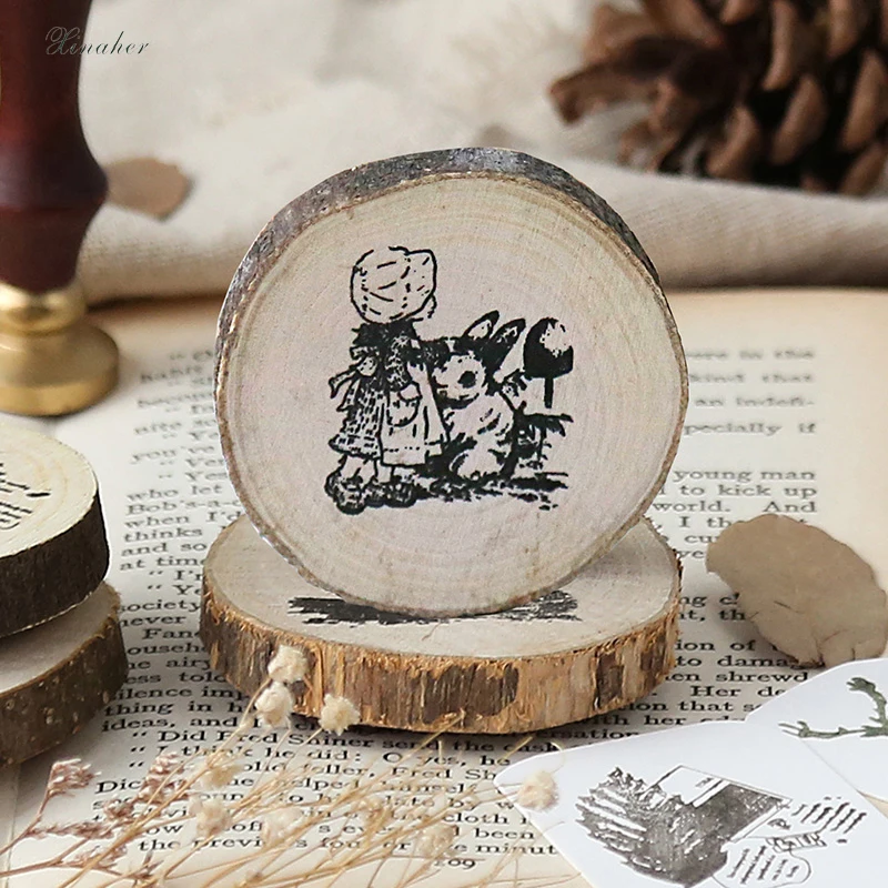

Vintage round wooden animal plants stamp DIY wooden rubber stamps for scrapbooking stationery scrapbooking standard stamp