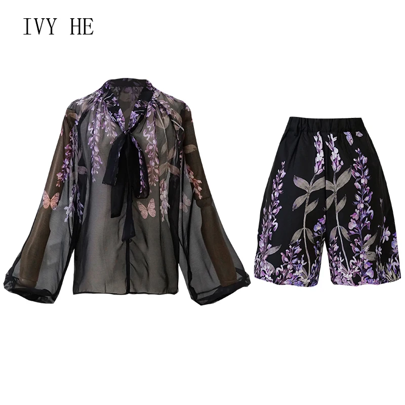 

IVY HE Summer Women's Dress 2021 Fashion Shorts Set Vintage Printed Single Breasted Shirt Thin Belt Wide Leg Shorts