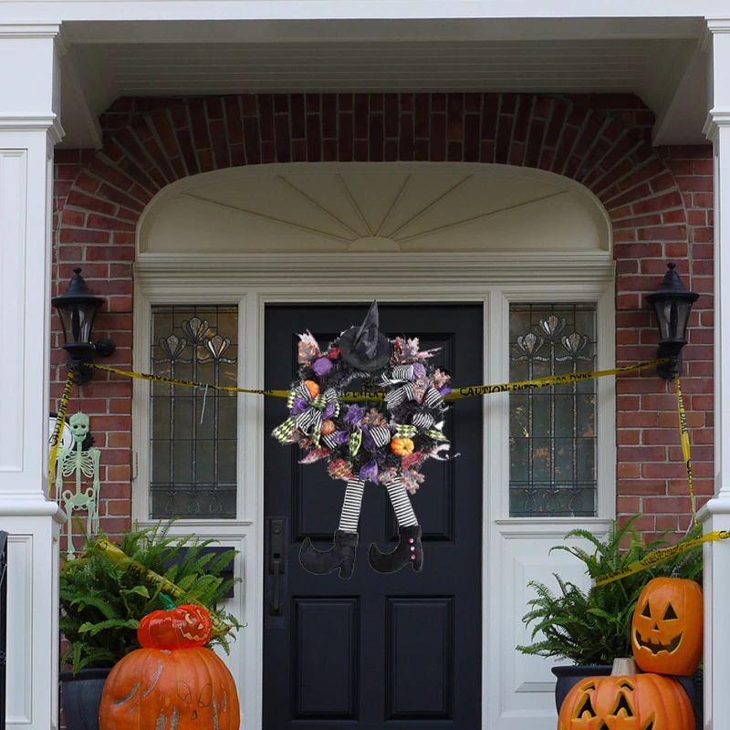 

Венок на Хэллоуин для входной двери, настенный висячий венок с ведьмой, шляпой и ногами, венок с тыквой, гирлянда, украшения на Хэллоуин, дома...