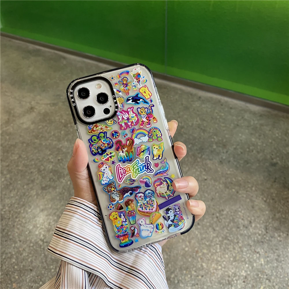 ins cute saucerman liea frank stickers rainbow label phone case for iphone 13 12 mini 11 pro x xs max xr 7 8 plus se clear cover free global shipping
