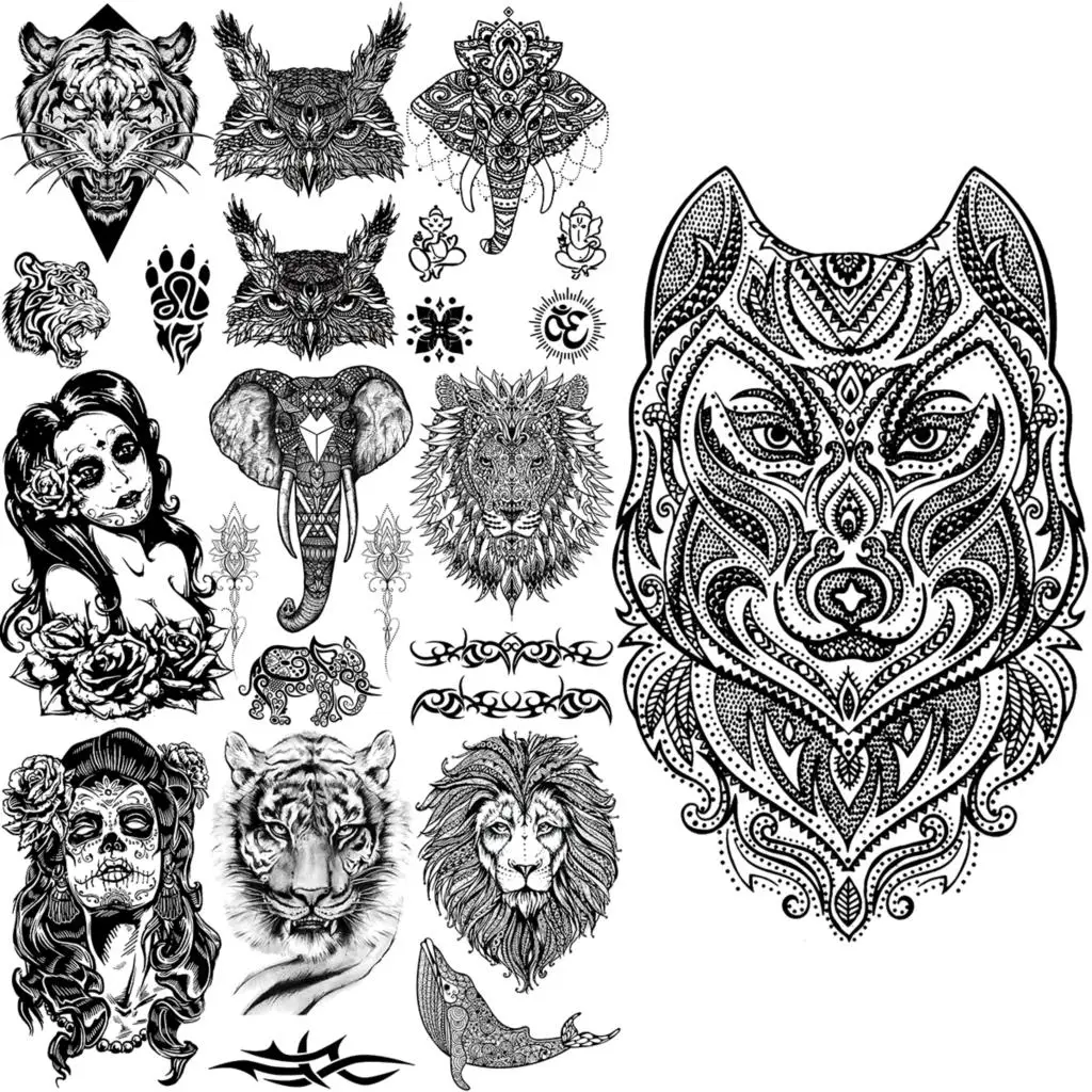 

Tribal Henna Wolf Temporary Tattoos For Adults Men Tiger Vampire Lion Whale Elephant Lion Fake Tattoo Sticker Body Tatoos Arm