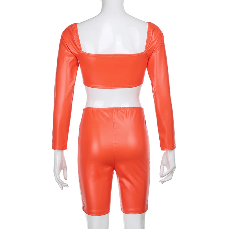 

hirigin Solid PU Leather Women Two Piece Shorts Set Skinny V-neck Long Sleeve Casual Lounge Wear Sexy Clubwear Basic Female Kit