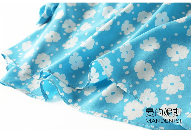 

Women's 100% Silk loose type Top Blouse bowknot Neck Half sleeves Blue Flower fashion shirt L1218