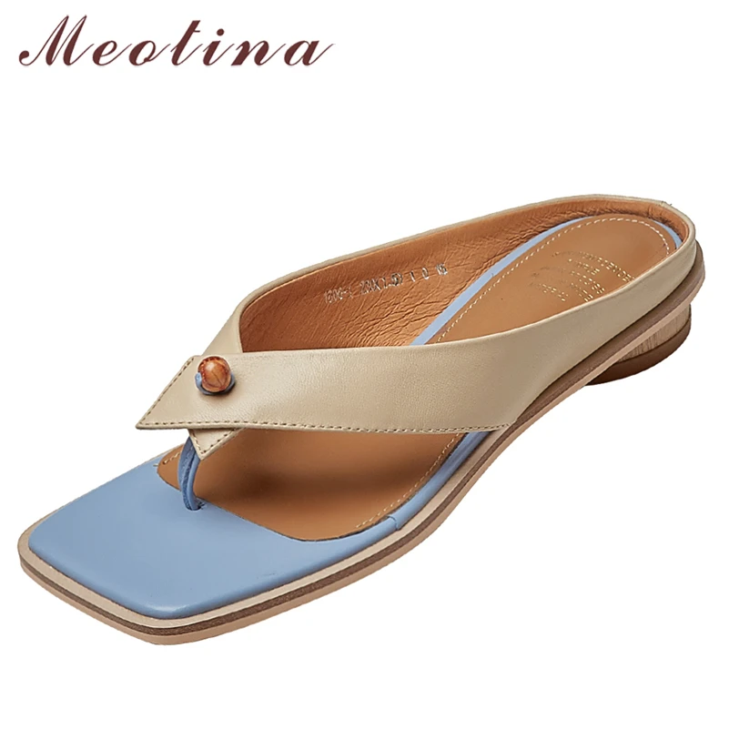 

Meotina Slippers Shoes Women Genuine Leather Sandals Flip Flop Flat Slides Square Toe Sheep Skin Ladies Footwear Summer Apricot