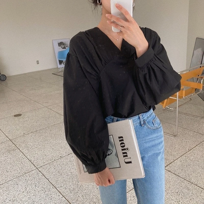 

Korean Style Retro Simple Style Lantern Sleeve V-Neck Shirt One Size