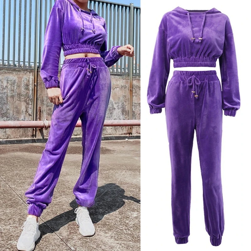 

Women Winter 2 Piece Joggers Outfits Set Drawstring Hoodies Crop Top High Waist Sweatpants Solid Color Velvet Workout Sports Tra