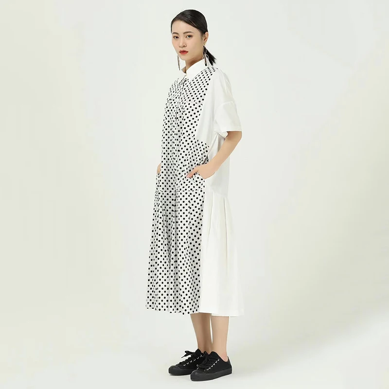

CHICEVER White Dress For Women Lapel Short Sleeve Hit Color Loose Oversized Patchwork Print Mid Dresses Female 2021 Spring Tide