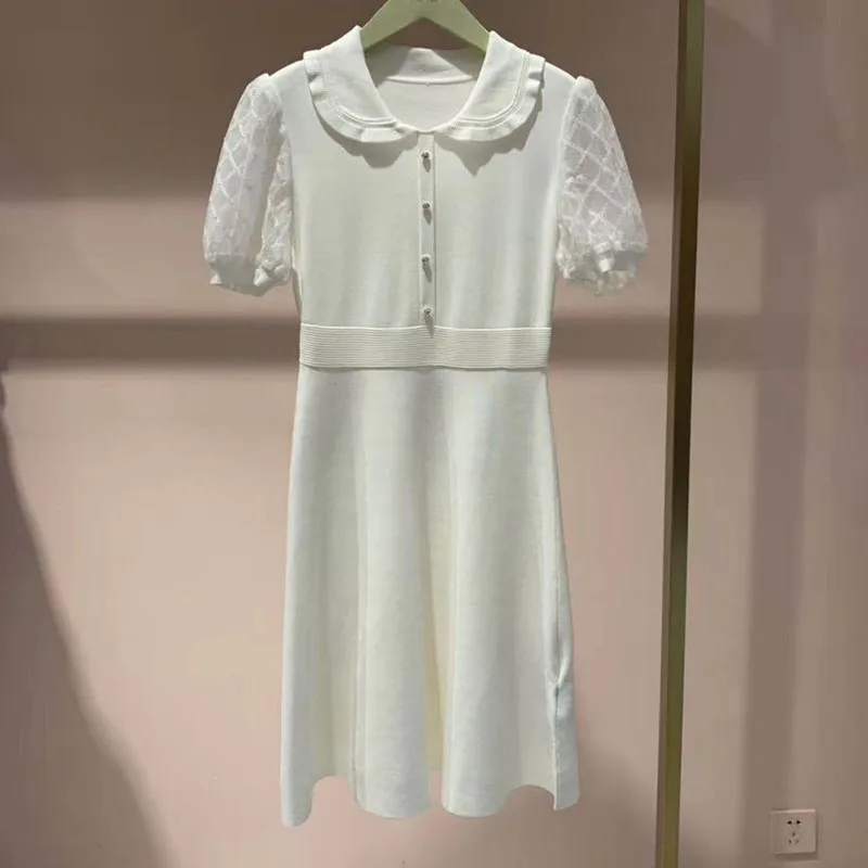 

Платье 2021 Для женщин Новинка осени Высокая талия с воротником в кукольном стиле короткий рукав вязаное платье