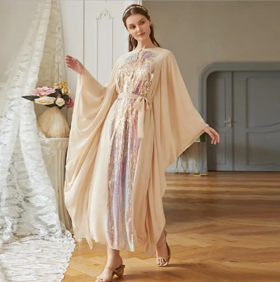 Luxury Muslim Party Dress kaftan Magic Colored Sequin Long Dress Butterfly Sleeve Turkey Arabic islamic Dubai Caftan a1485