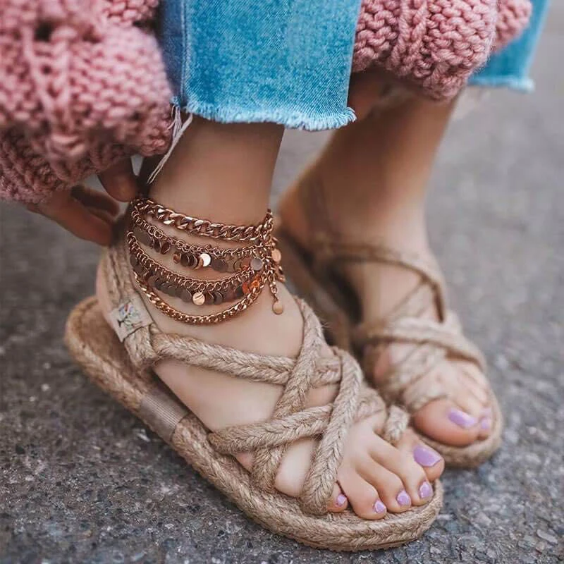 

Woman Gladiator Thong Hemp Sandals Female Summer Fashion Casual New Flat Ladies Cross Tied Solid Shoes Plus Size 35-43