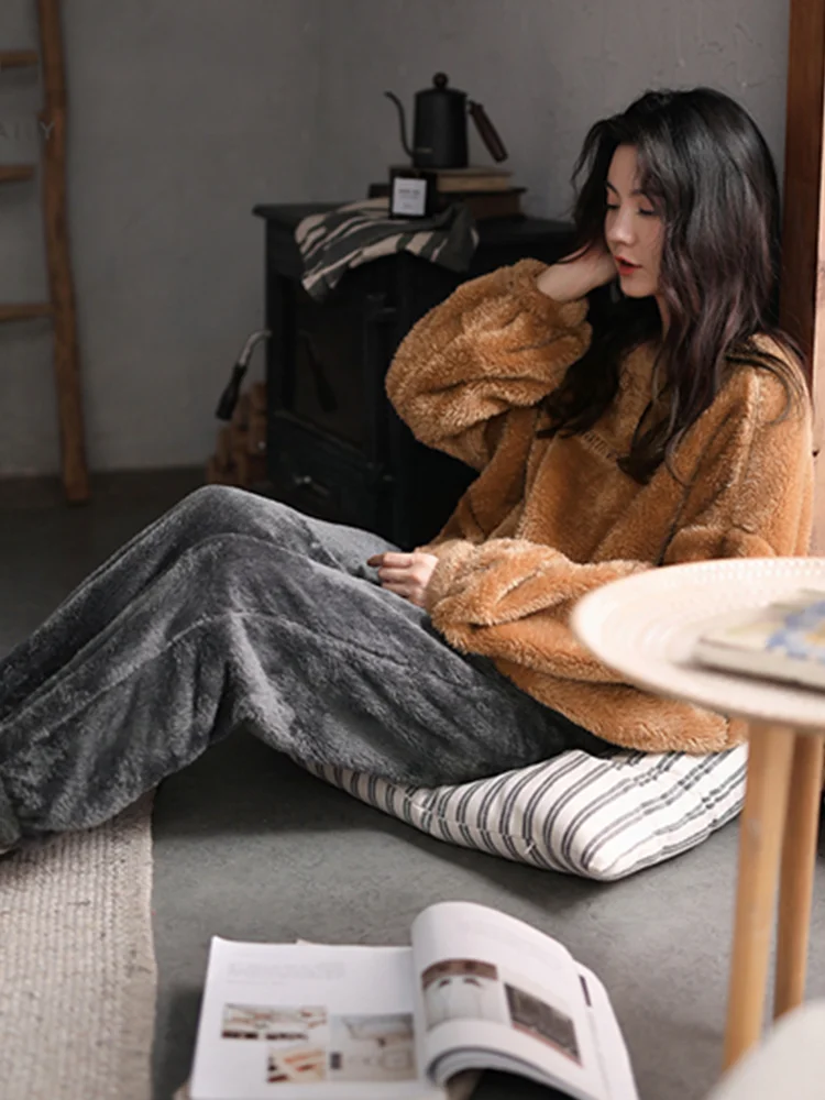 Coral Fleece Pajamas Casual Loose Fashion Worn Outside Long Sleeve Sleepwear Comfy Set Pigiama Winter Pyjamas Women DI50SY