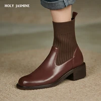 sweet female chelsea short boots genuine leather square heels women socks ankle boots dancing party shoes woman platform boots