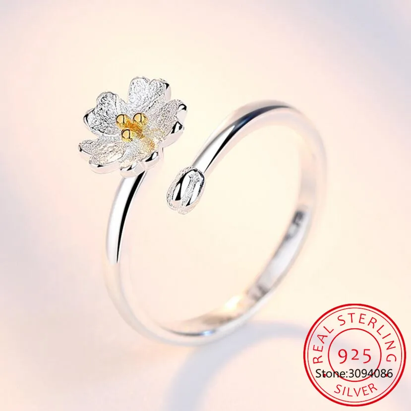 

Новые модные женские туфли вишня в цвету 925 Серебряные кольца Регулируемый отверстия темперамент, мило, покрыто золотом, c бутоном цветка ко...