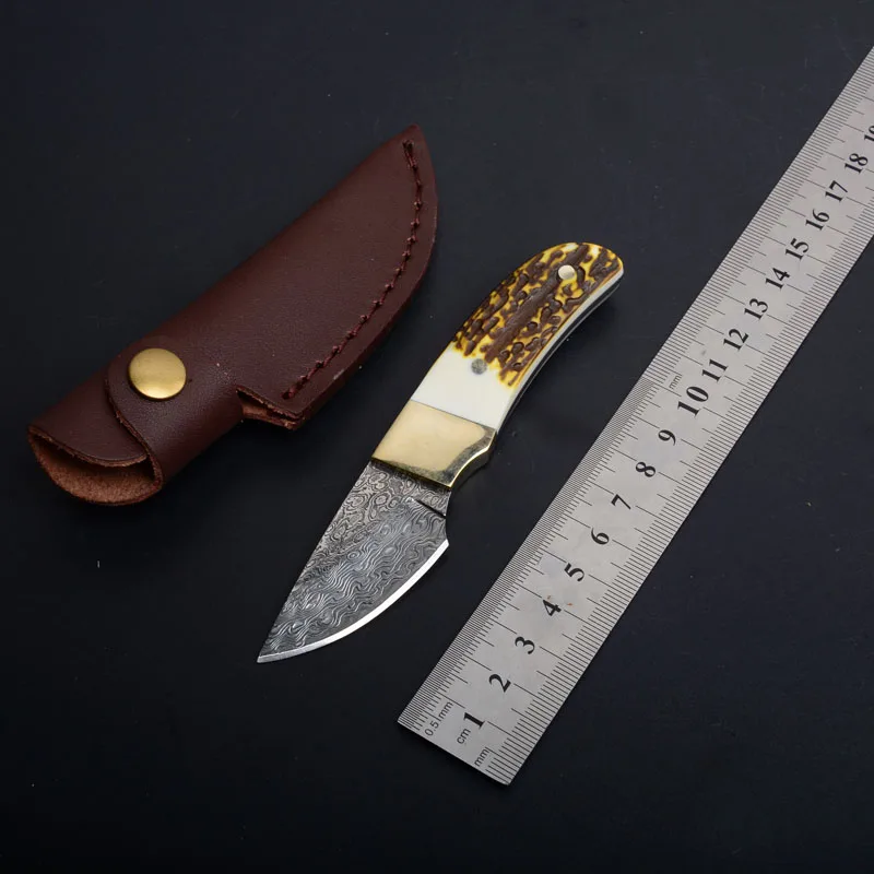 

Damascus Steel Straight Knife Antler Handle Outdoor Camping Tactical Hunting Survival Cutter Utility Pocket EDC Tools Gift