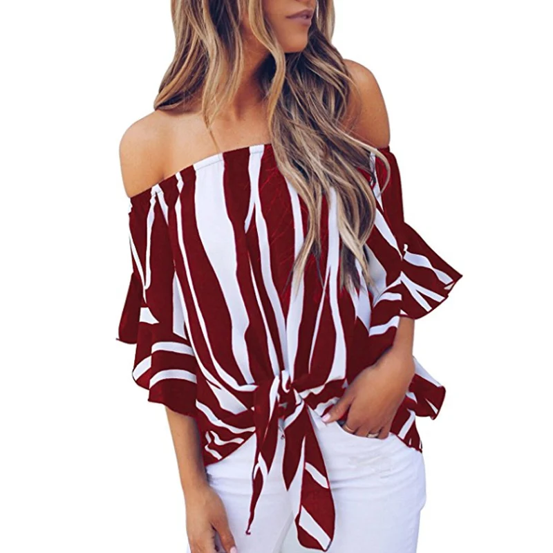 Модная полосатая рубашка с открытыми плечами блузка женские пикантные топы