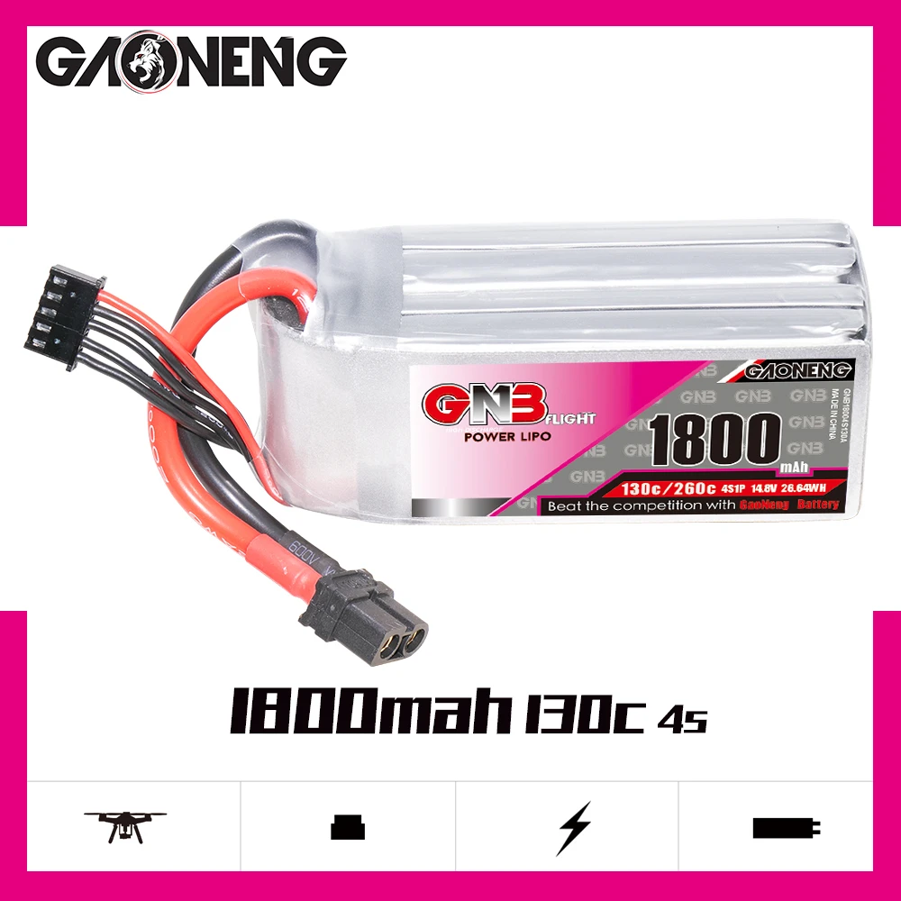 

Gaoneng GNB 4S 1800mAh 14.8V 130C/260C Lipo Battery With XT60 Plug For FPV Racing Drone RC Car Helicopter Quadcopter Parts