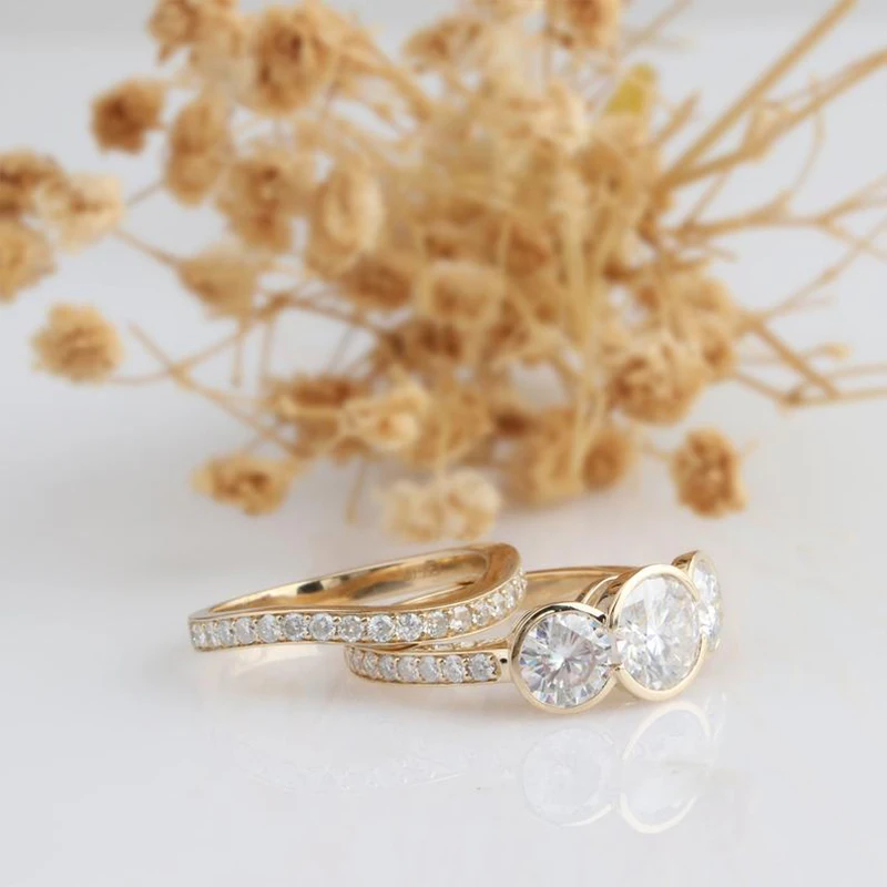 Veryins 14K 585 розовое золото 3.1CTW DEF цвет Moissanite ободок набор из трех камней Обручальное