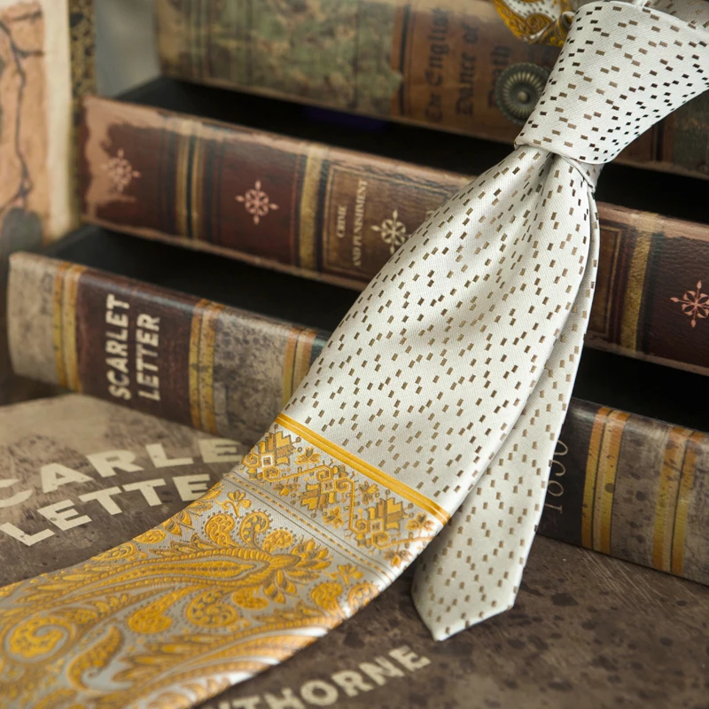 Мужской галстук из 100% шелка разноцветный коричневый золотой желтый темно синий