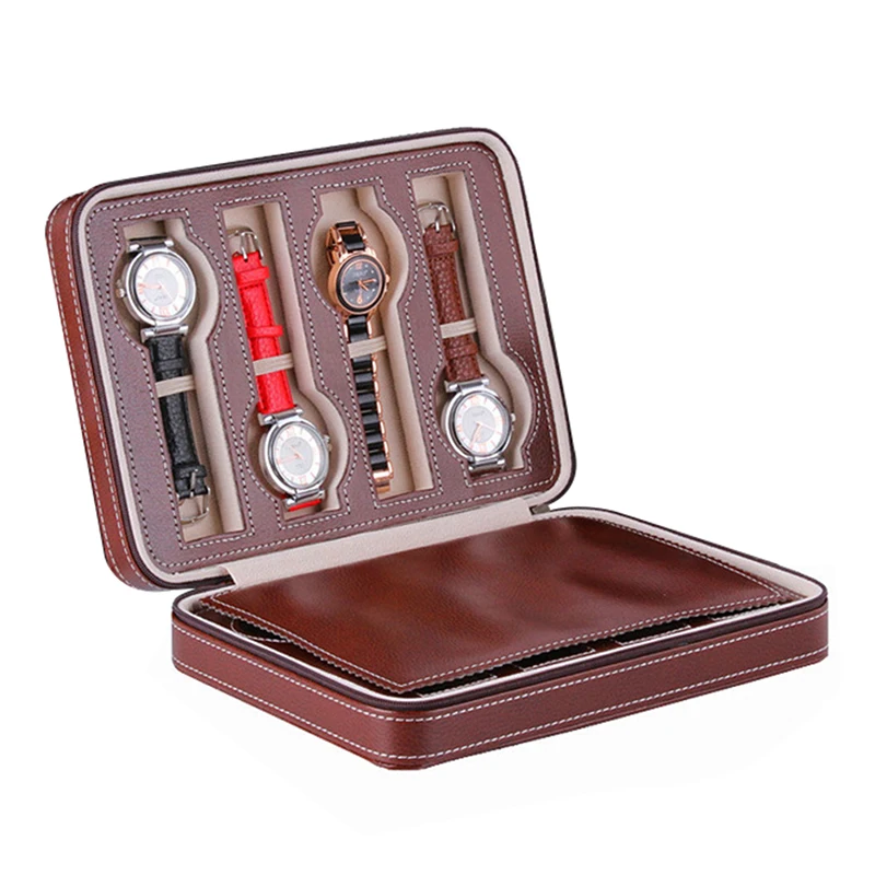 

4 8 Slot / Grid Watch Box Carbon Fiber Leather Zipper Portable Display Container Storage Holder Travel Organizer Case Gift