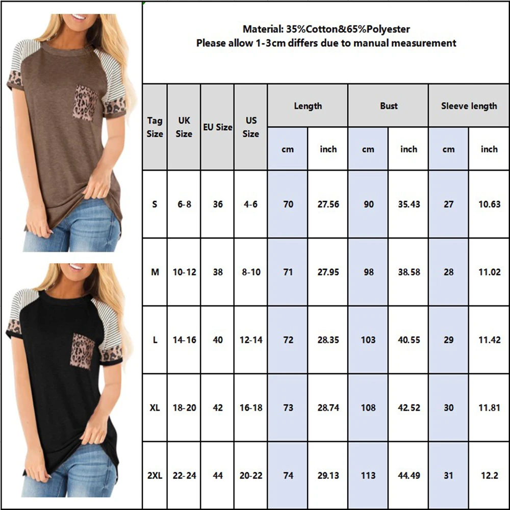 

Casual Woman Leopard Stripe Round Neck Short Sleeve Contrast Pocket Top Loose Summer Fashion Basic Style All-match T-shirt D30