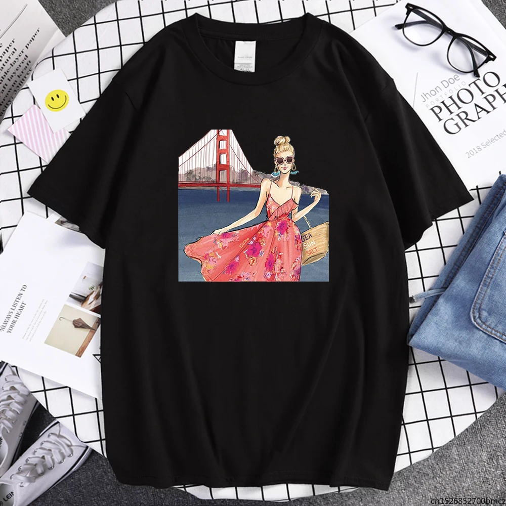 

Футболка мужская Свободная с принтом «Золотые ворота мост» и коротким рукавом