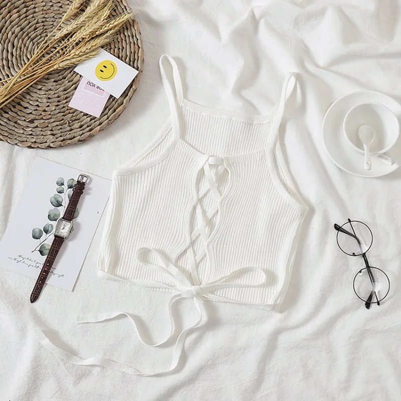 Для женщин укороченный Топ вязаный бандажный Спагетти Клубные майки Холтер Танк