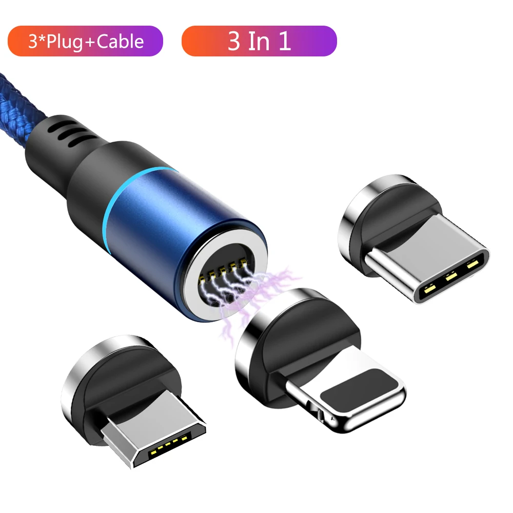 Магнитный Micro USB кабель для iPhone samsung Xiaomi 3A Быстрая зарядка данных провод шнур магнитное зарядное устройство usb type C кабель для мобильного телефона - Цвет: Blue Cable 3 Plug