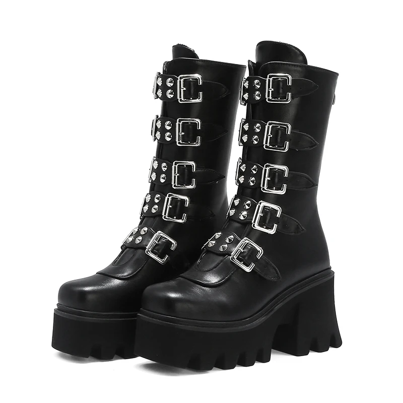 

Ботинки Lucyever женские на платформе, готическая обувь на танкетке, на молнии, с пряжкой и заклепками, байкерские ботинки на массивной подошве, ...