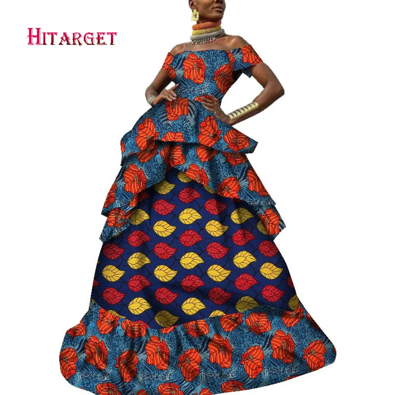 2020 Women African Dress Africa Wax Print Bazin Riche Sexy Off Shoulder Short Sleeves Wedding Party Floor-length Dress WY6153