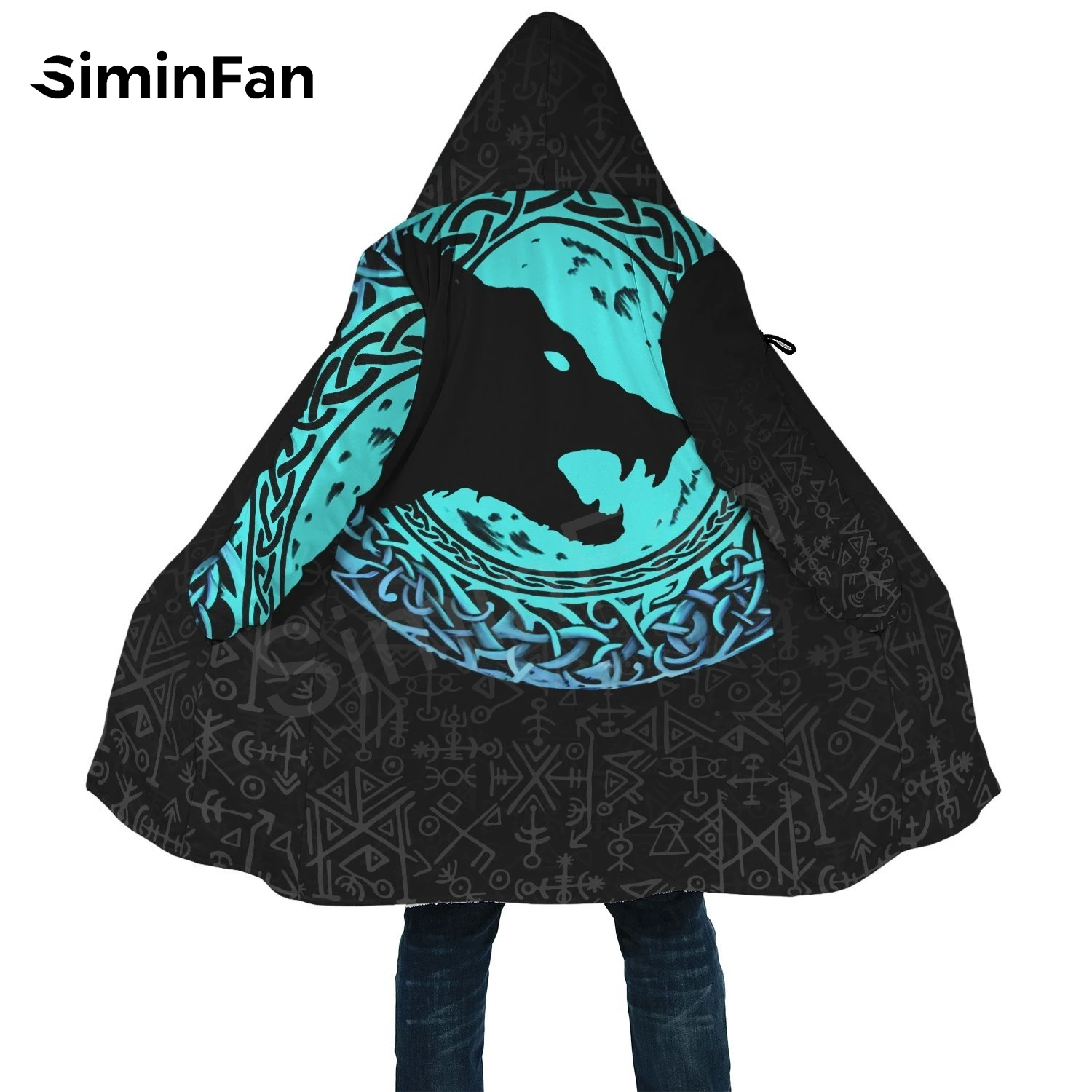 Мужская зимняя теплая фланелевая куртка с капюшоном и 3D-принтом викингов Fenrir Wolf