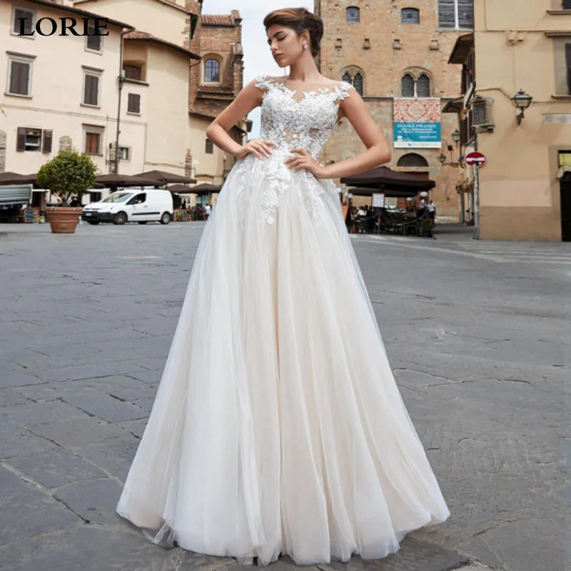 

Свадебное светильник принцессы LORIE цвета шампанского, 2020, с круглым вырезом и аппликацией, кружевное, блестящее, без рукавов, платья невесты на заказ