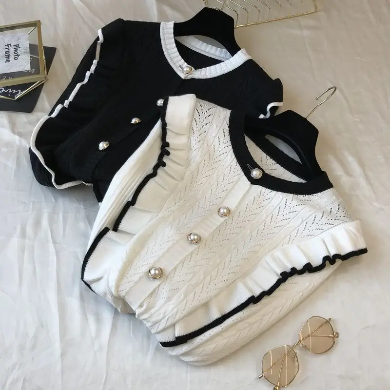 

Early Spring Gentle Top Women's 2021 New Outerwear Cardigan Sweater Low Round Neck Lady Patchwork Pearl Buttons Coat