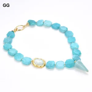 GuaiGuai Jewelry Natural Blue Amazonites Chunk Nugget Gold Plated Beads Choker Necklace Amazonite Pendant 18" For Women