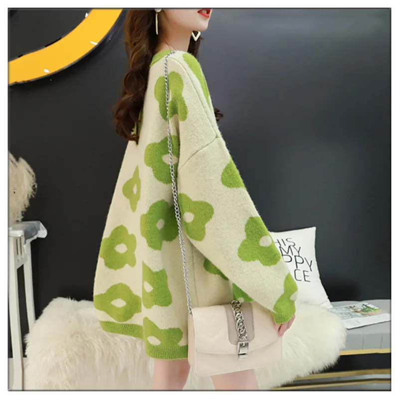 

Korean Women Winter Clothes Oversized Sweaters Casual Chic Round Collar Flower Sweaters Women's Autumn Sweater Green Leisure Top