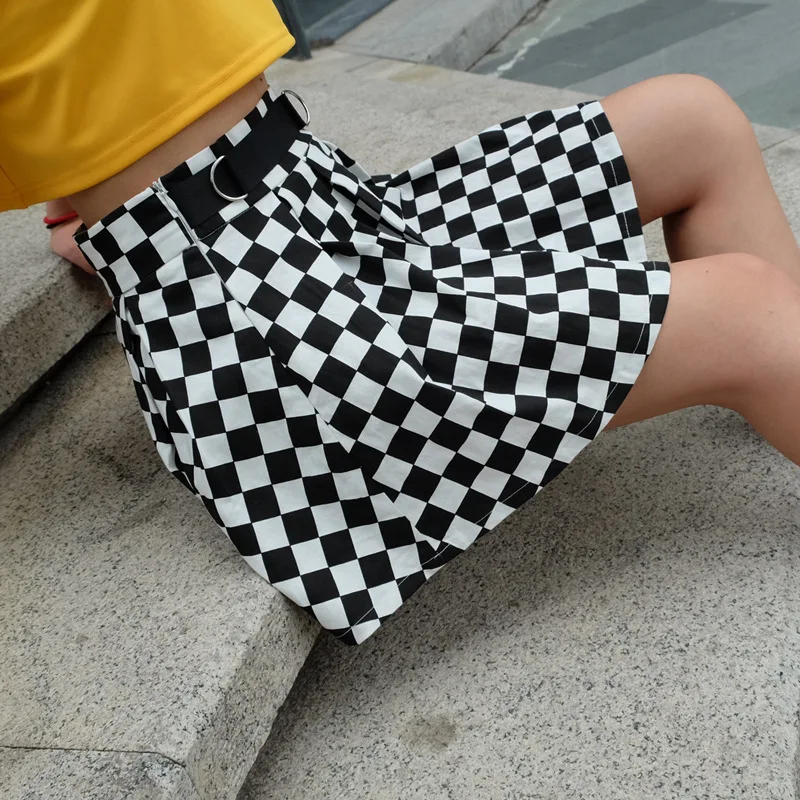 Imily Готическая Шахматная мини-юбка женская Повседневная Высокая талия с поясом