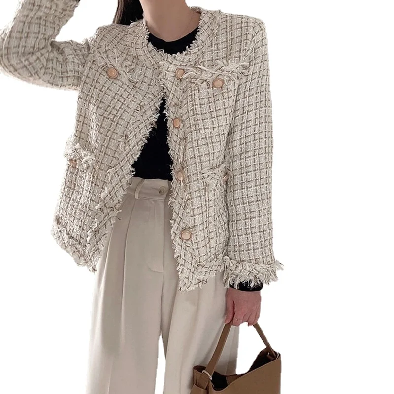 

Winter Women's Jacket French Single Breasted Fringe Binding Design Long Sleeve Tweed Coat
