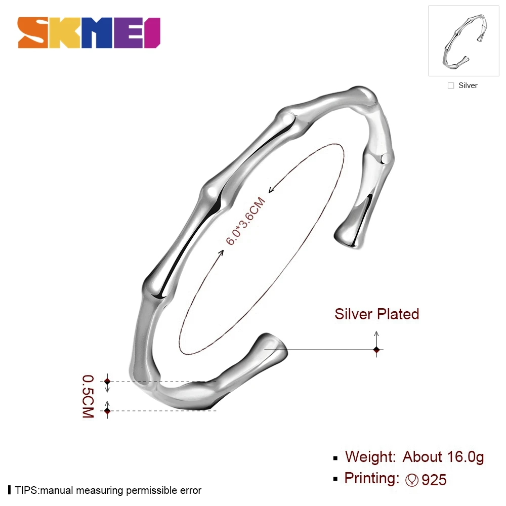 

SKMEI 925 sterling silver For Women Men Neutral Classic Silver-plated Bamboo Bracelet Jewelry Wholesaler B095