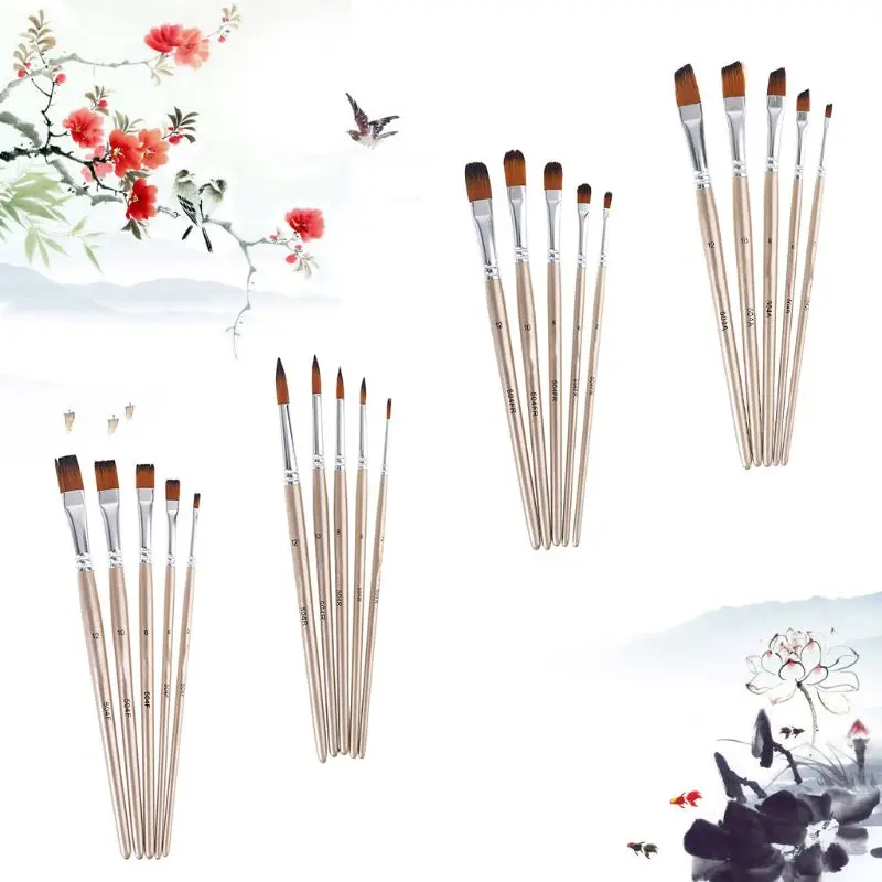 

5pcs Paint Brush Set Nylon Hair Professional Artist Watercolor Acrylic Art Painting Brushes Wooden Handle Stationery