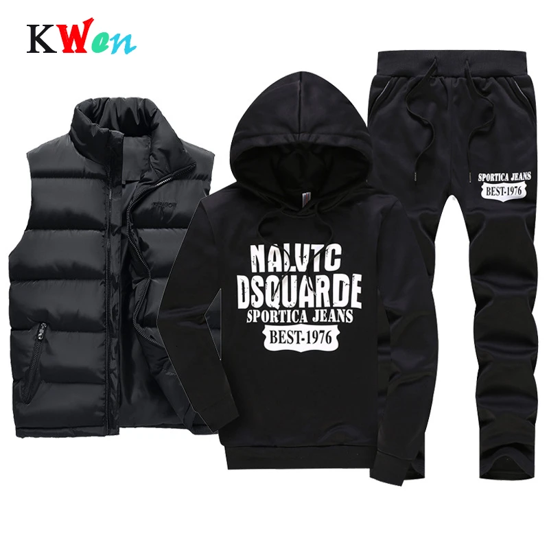 Sporting Track Suit Winter Thicken Warm Tracksuit Men 3 Pieces Fur Hooded Fleece Hoodies+Zipper Vest+Sweatpants Male Coat Jacket | Мужская