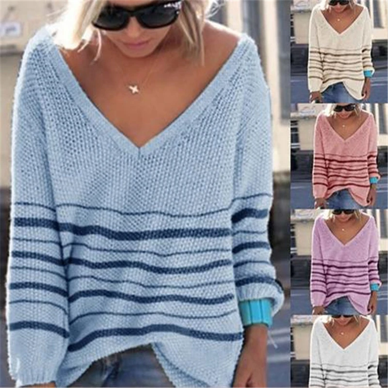 Женский свитер Осень Зима Свободный вязаный модный v-образный вырез длинный