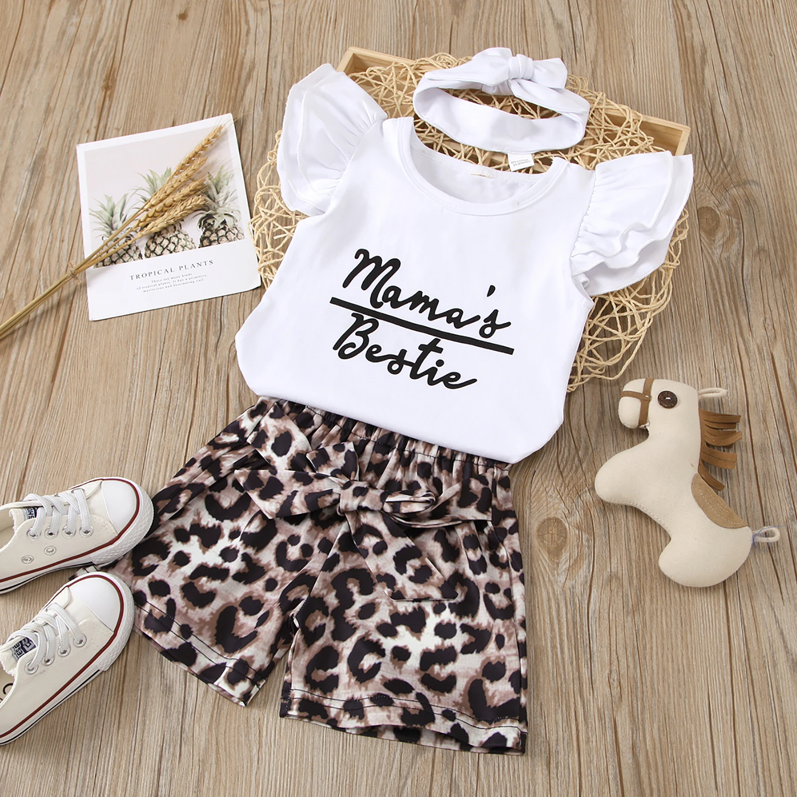 

0-12 Months Girl\u2019s 3pcs Romper Set, Letter Printed Fly Sleeve Triangle Bodysuit with Printed High Waist Shorts and Headband