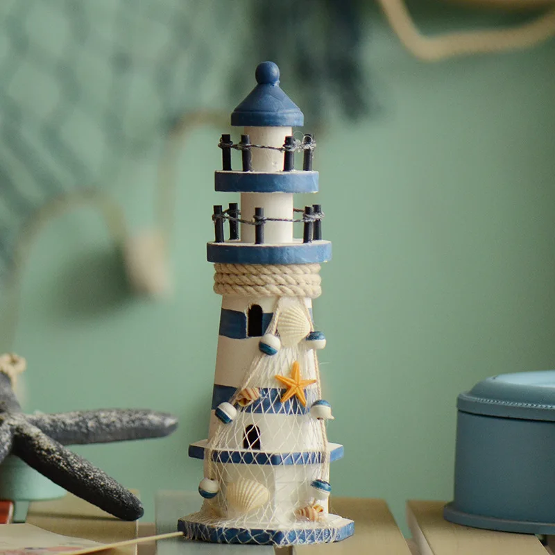 Средиземноморский синий и белый корпус сетка полосатый маяк деревянный ручной