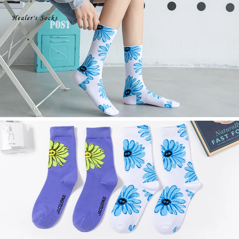 

New Fashion Daisy Men and Women Socks Cotton Purple Chrysanthemum Harajuku Happy Soft College Style Funny Cute Girls Ankle Socks