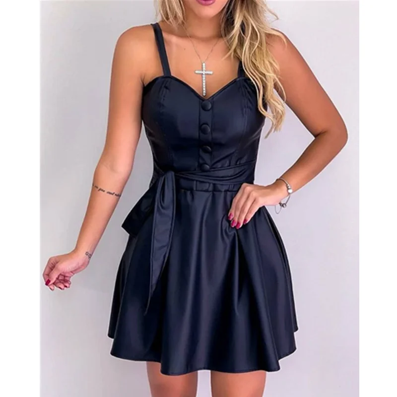 

Women Pu Leather V Neck Mini Dress Sleeveless Spaghetti Strap a Line Bow Tie Dresses