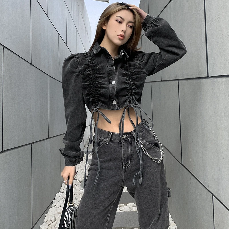 

Vintage Pleated Drawstring Crop Top Bubble Sleeves Single-breasted Denim Jacket Women 2021 Spring Clothes