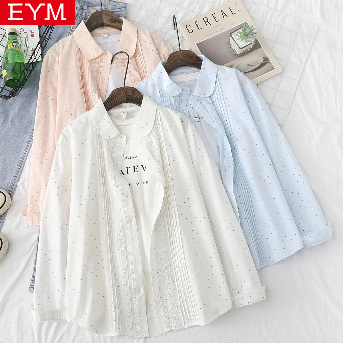 

Cotton Polka Dot Print Shirt Tops Women 2021 Spring New Casual Loose Long Sleeve Blouse Lady Lace Blouses Ladies Clothes Blusas
