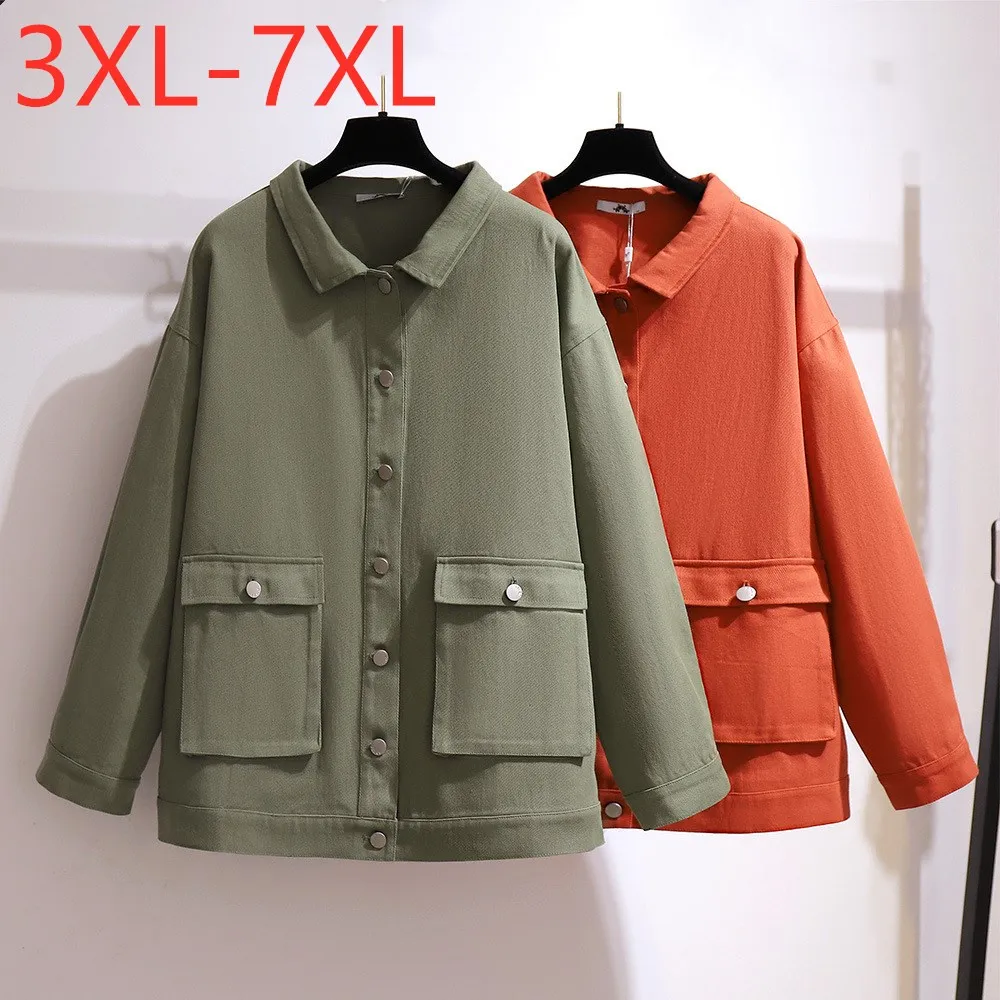 

New 2021 Autumn Winter Plus Size Women Clothing Jeanswear Jacket Large Loose Cotton Pocket Green Denim Coat 3XL 4XL 5XL 6XL 7XL