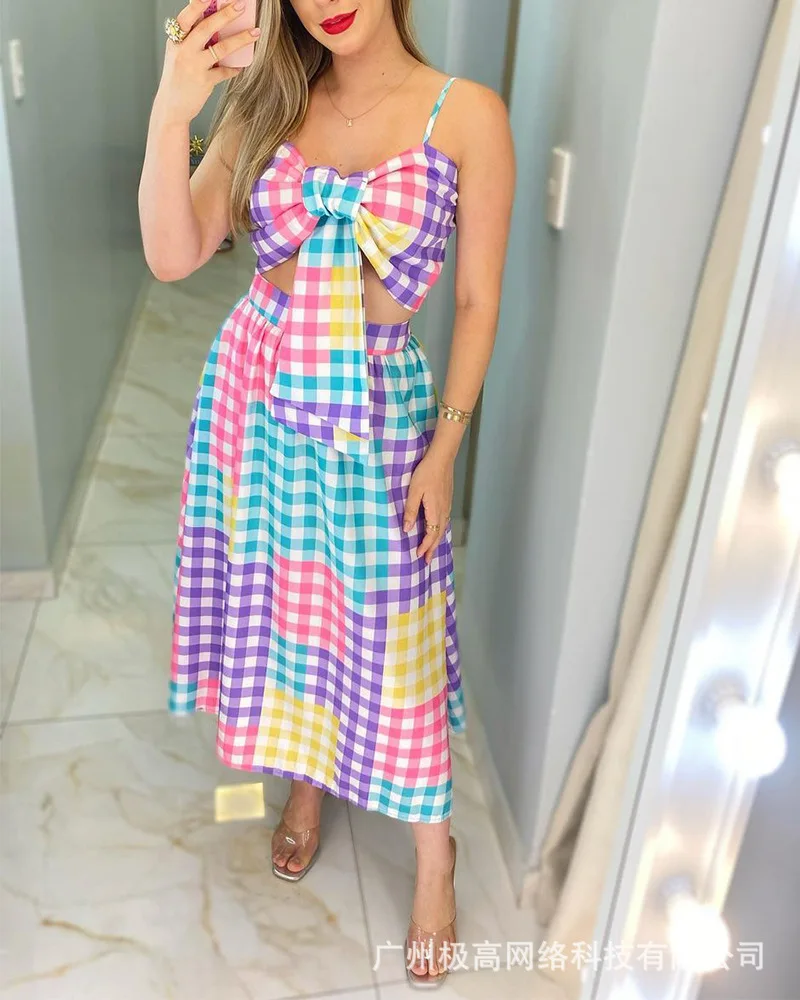 

2021 Summer New Fashion Sexy Sling Top + Two-piece Color Plaid Skirt